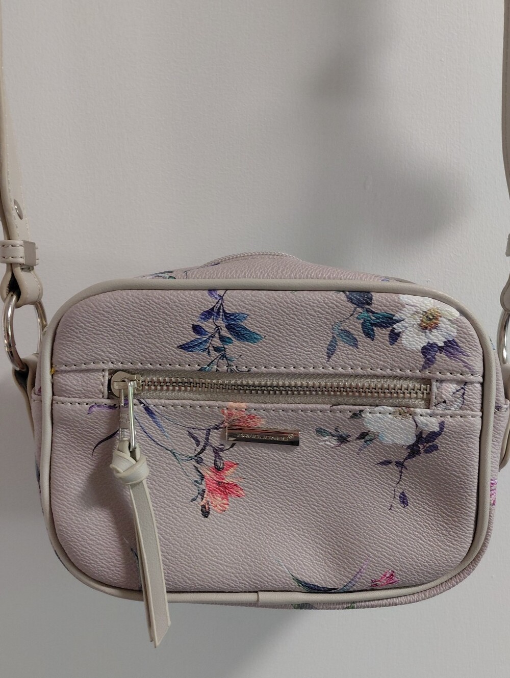 David Jones Gray Floral Crossbody Bag with Front Zip Pocket